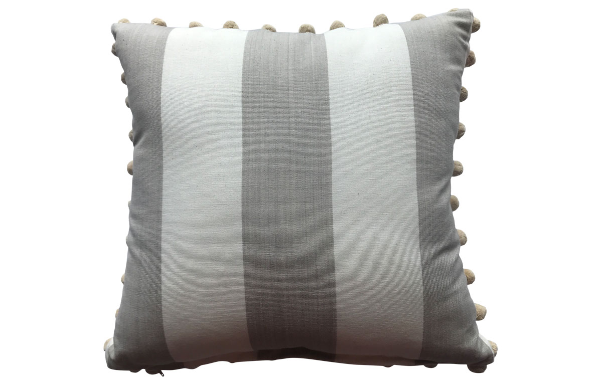 Pale Grey and off White Striped Pompom Cushions