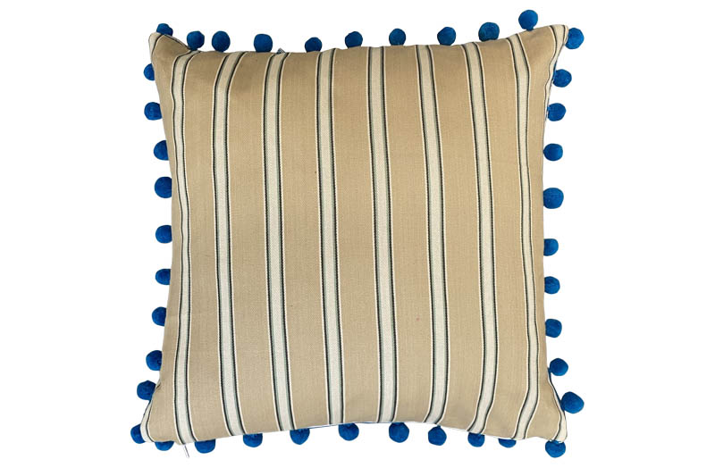 Beige, Blue Stripe Pompom Cushions