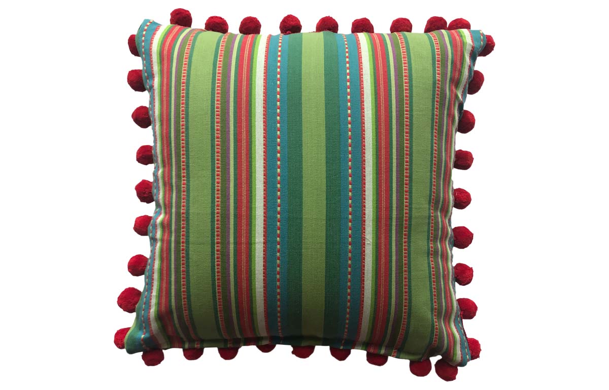 Pretty Green Striped Cushions with Red Pompoms