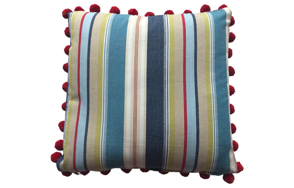 Airforce Blue, Cream and White Striped Pom pom Cushion