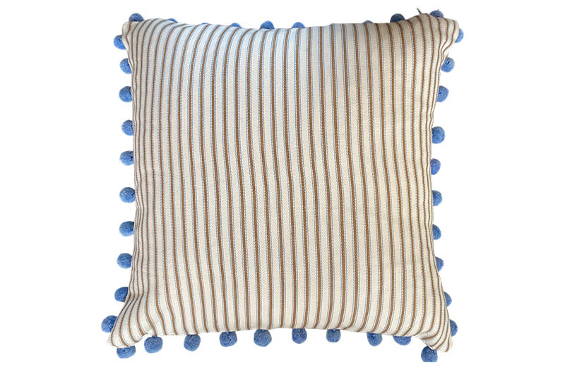 Pale Cream, Taupe, Blue Ticking Stripe Pompom Cushions