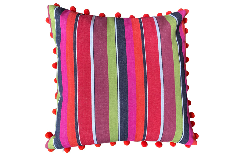 Fuschia Pink, Coral and Black Stripe Pompom Cushions