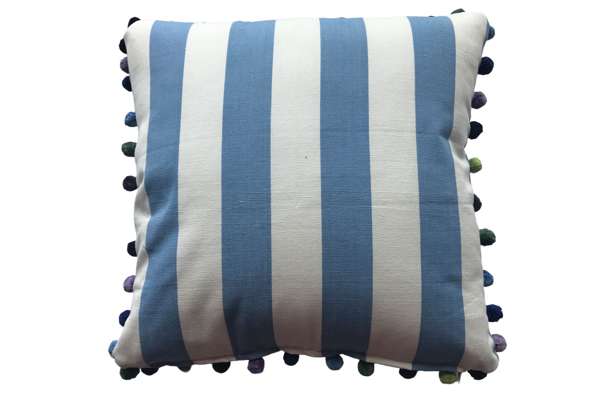 Sky Blue and White Striped Pompom Cushions
