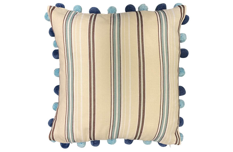Buttermilk, Brown, Aqua Striped Pompom Cushions