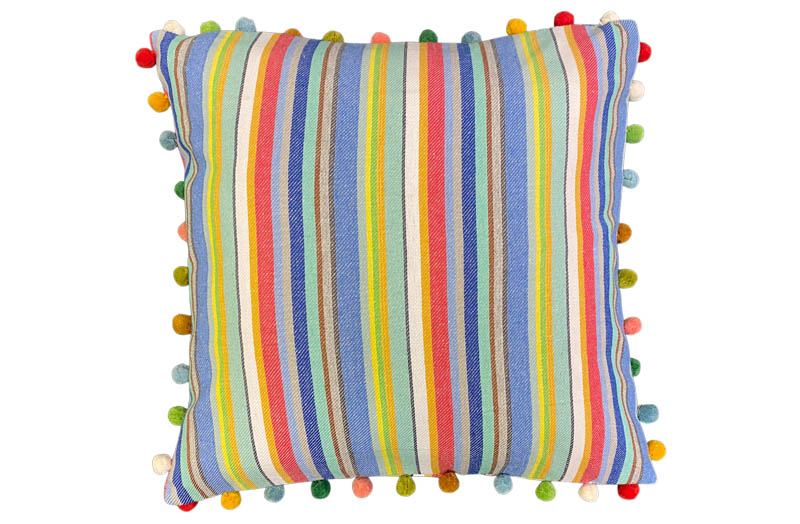 Blue, Aqua, Coral Red Striped Pompom Cushions
