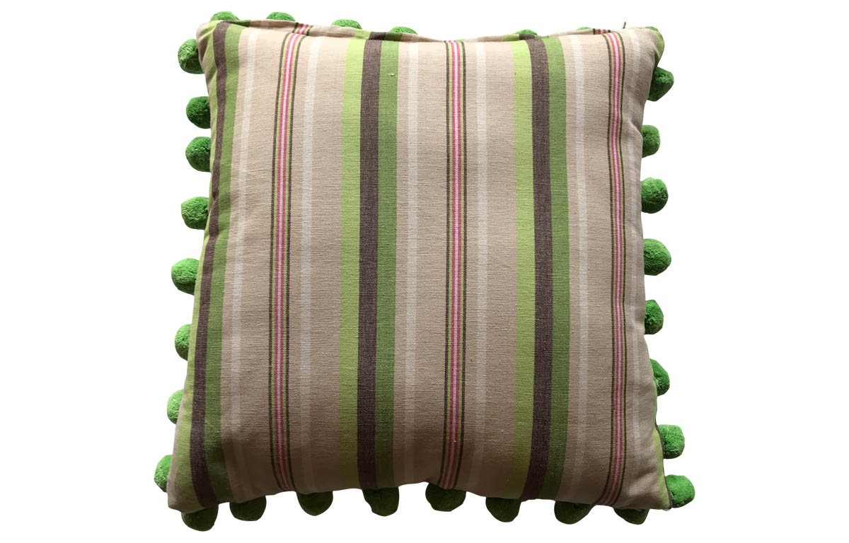Green, Pale Green and Beige Stripe Pompom Cushion