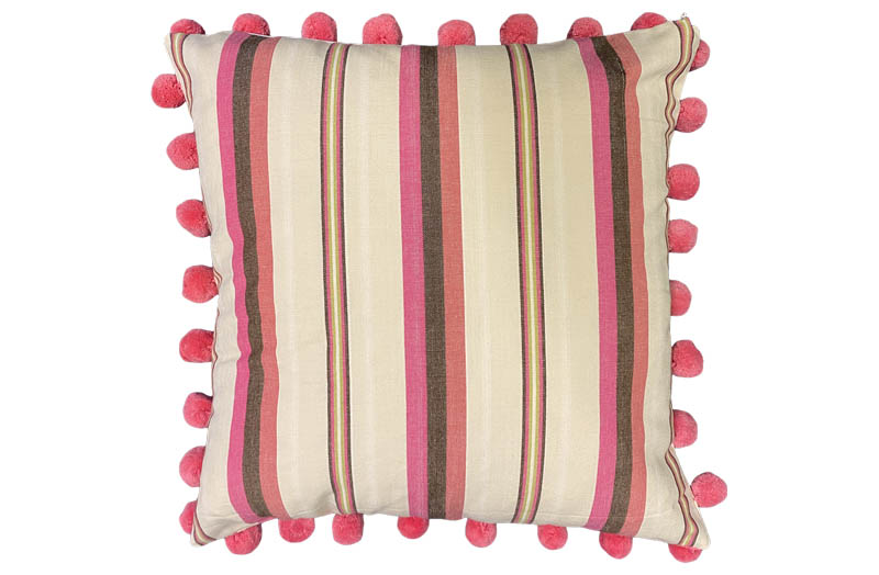 Pink, Dusky Pink, Dark Brown, Beige Striped Pompom Cushions