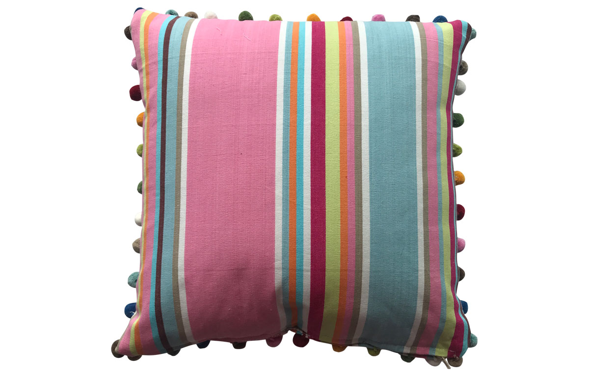 Pink, Taupe and Blue Striped Pompom Cushions