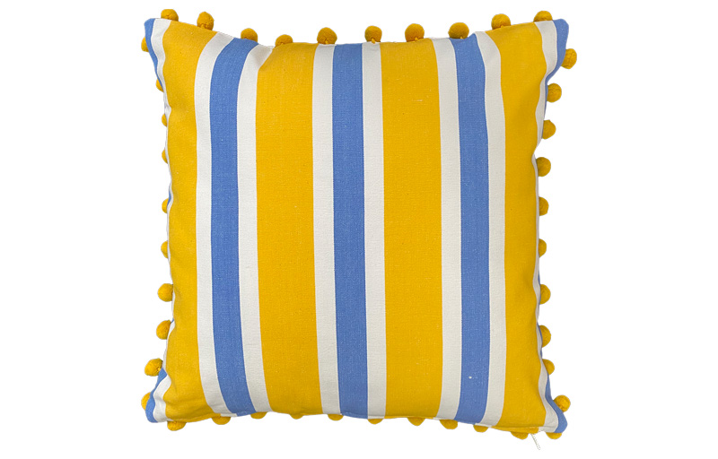 Yellow, Sky Blue and White Striped Pompom Cushions