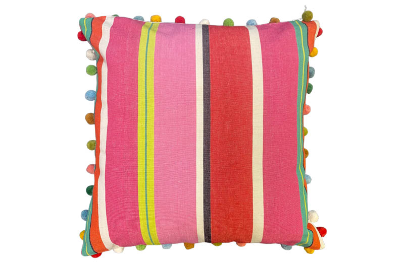 Watermelon Red, Pink, Green Striped Pompom Cushions