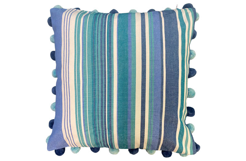 Blue, Green, White Striped Pompom Cushion