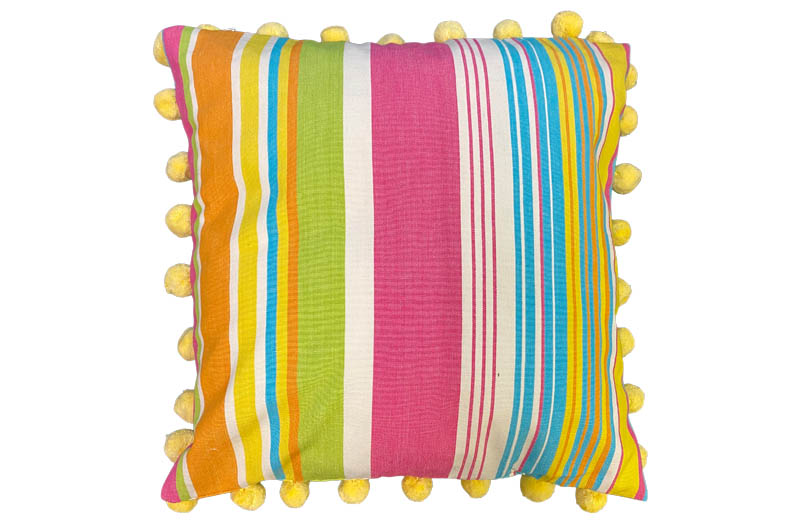 Pink, Lime Green, Turquoise, Yellow Stripe Pompom Cushions