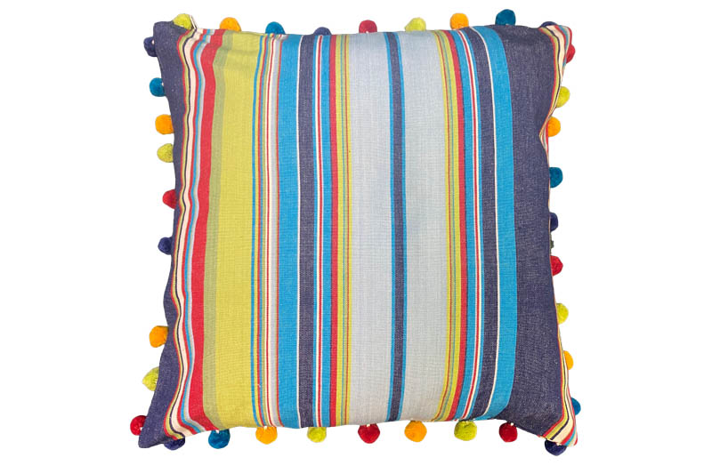 Navy, Pale Blue and Turquoise Stripe Pompom Cushion